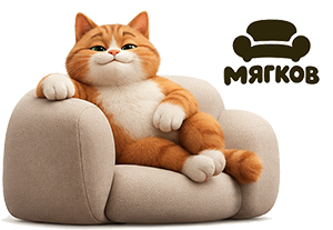 Кот Мягков отдыхает на диване — маскот фабрики мягкой мебели